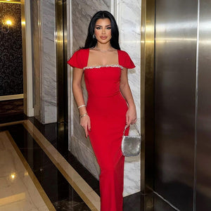 Solid Color Diamond Evening Dress