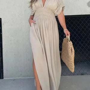Fashion Bat-sleeved V-neck Slit Dress Summer Short Sleeve Elastic Waist Long Dresses Womens Clothing